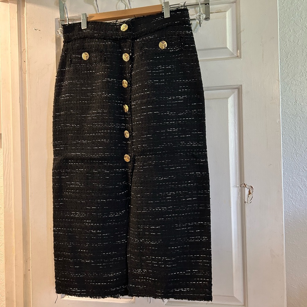 Zara Black Tweed Button-Front Midi Skirt with Gold Buttons